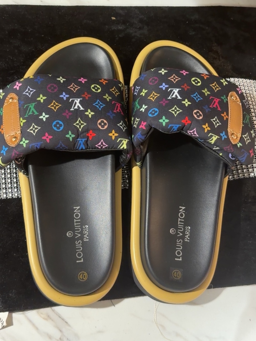 Louis Vuitton Black Multicolor Monogram Slide Sandals with Tan Trim.Size40 41 42